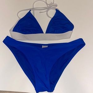 blue and white bikini